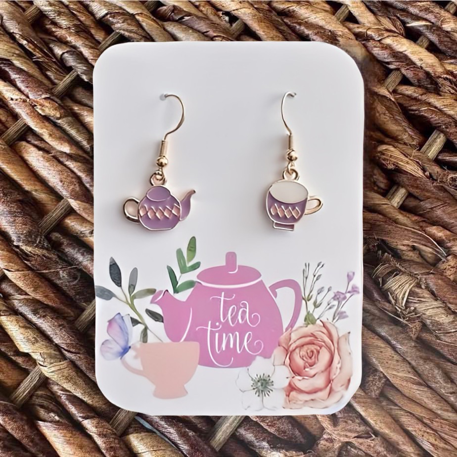 New Cute Handmade Purple And Pink Asymmetrical Teapot & Tea Cup Dangle Earrings